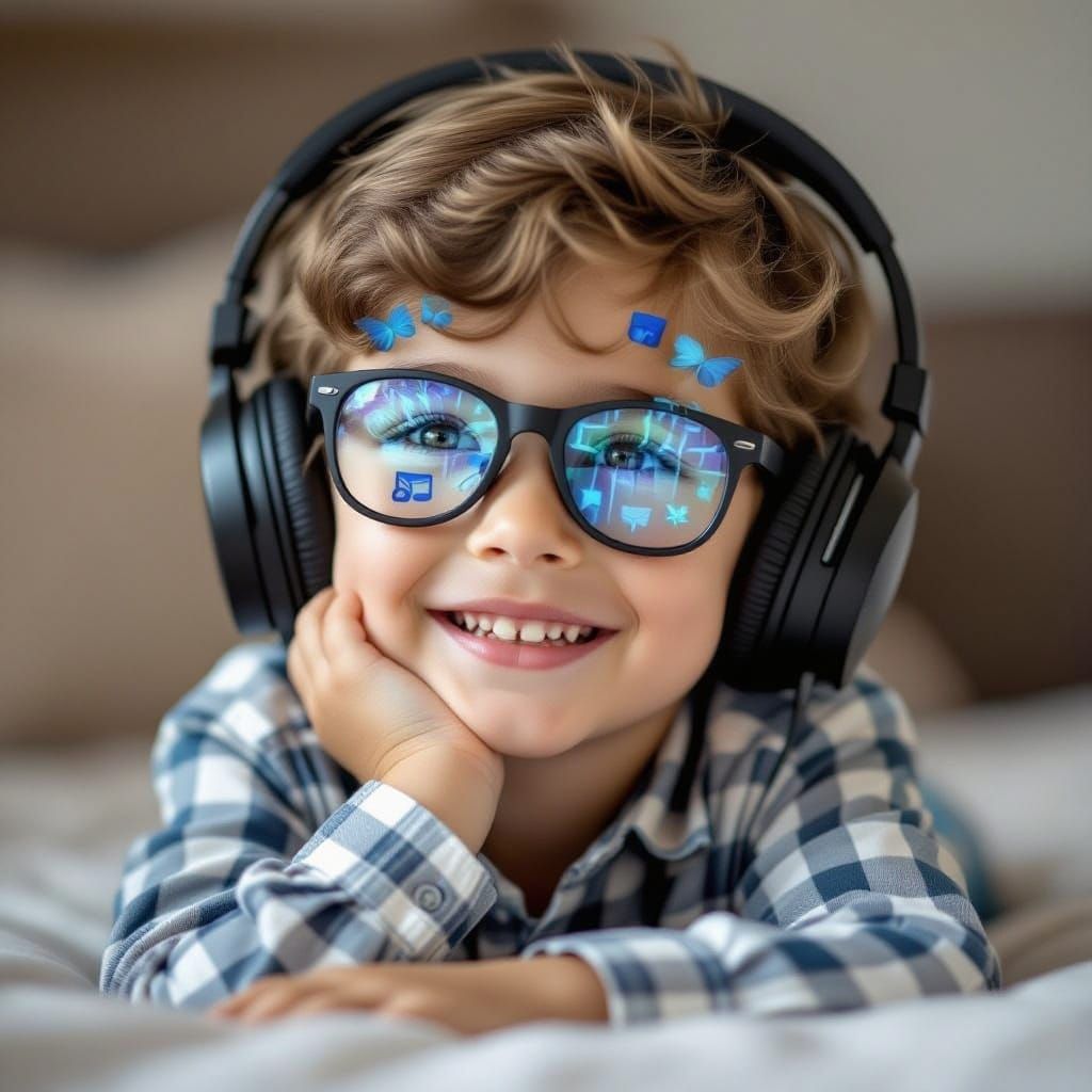 Handsome Young Boy with Blue Eyes Listening to Music