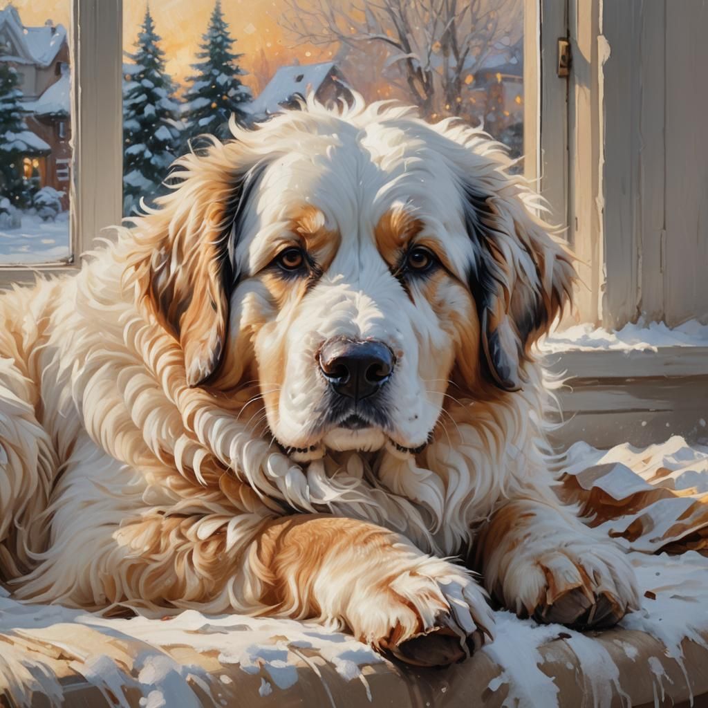 Bernese Mountain Dog in Impressionist Winter Scene