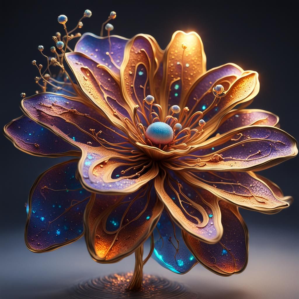 Bioluminescent Amoebae Flower Sculpture in Golden Light