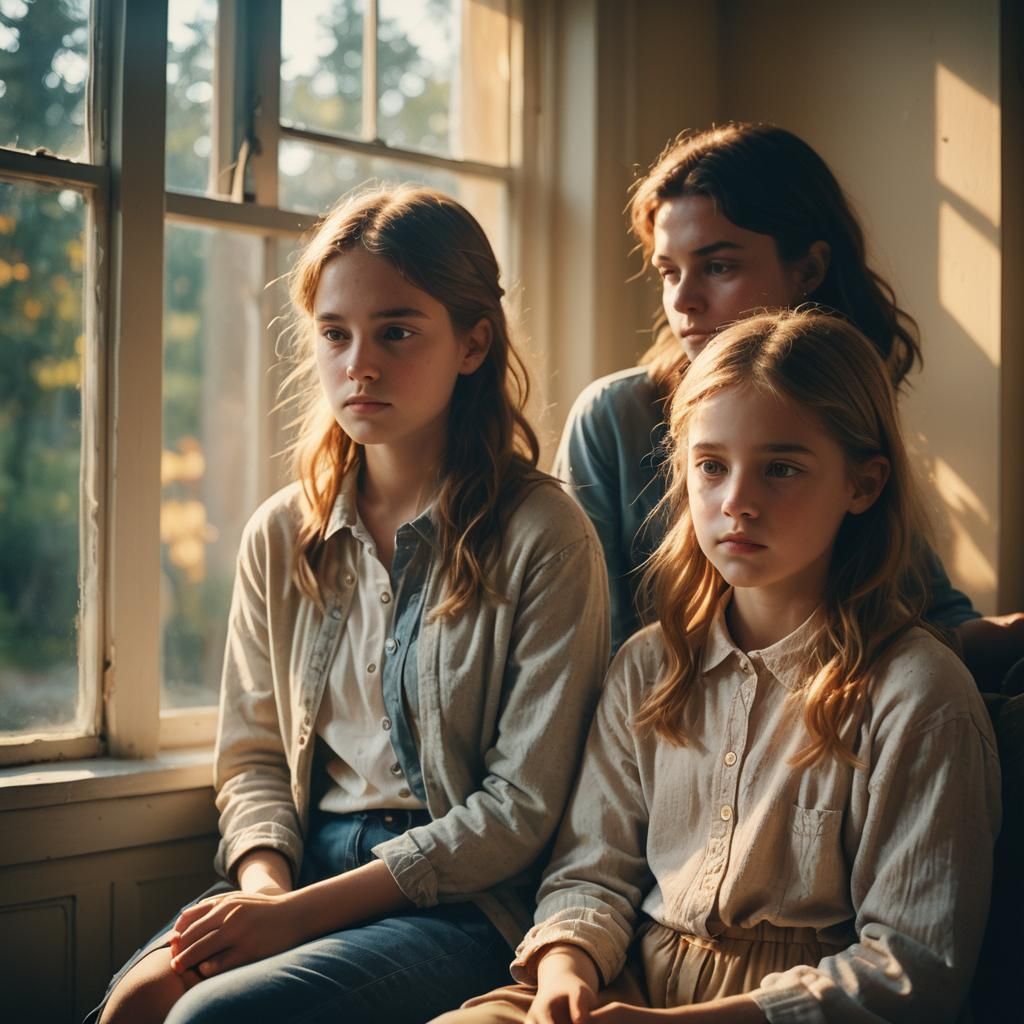 Sisters in Soft Golden Light: Cinematic Film Still