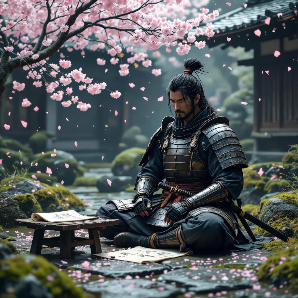 Samurai Meditating in Japanese Garden, Digital Art