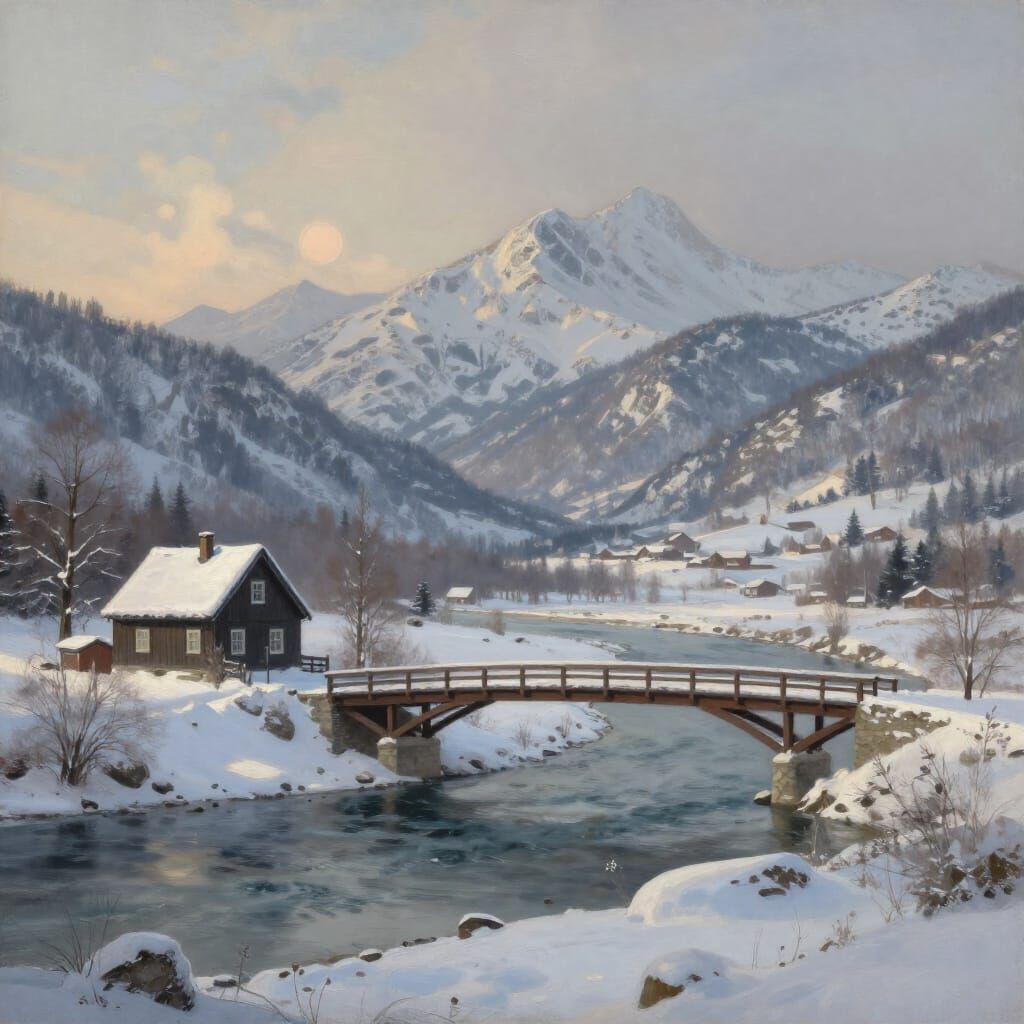 Hyperrealistic Winter Landscape Painting with River and Moun...