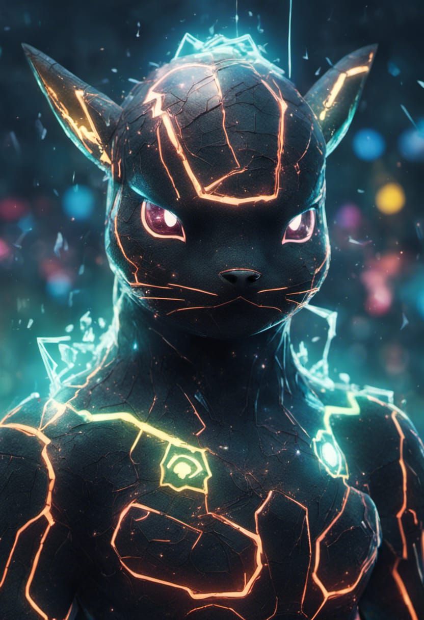 Ornate Neon Pikachu with Cracked Nano-Circuitry