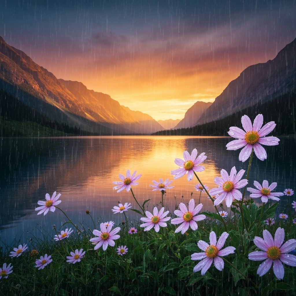 Blooming Flowers in Raindrops: Cinematic Landscape