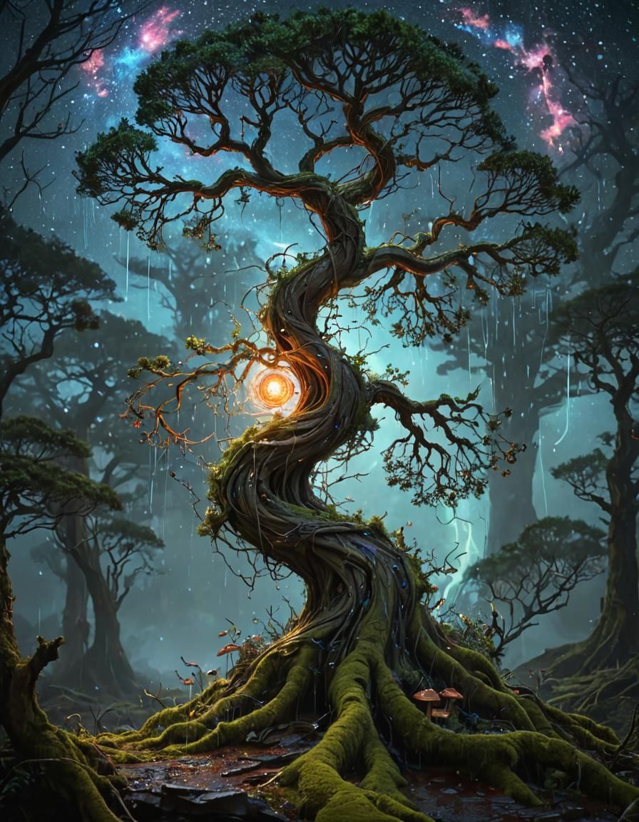 Elegant Twisting Tree with Nebula and Fractal Lights