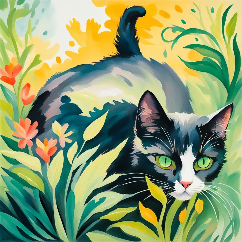 Black Cat and Kitten in Gouache Watercolor Style