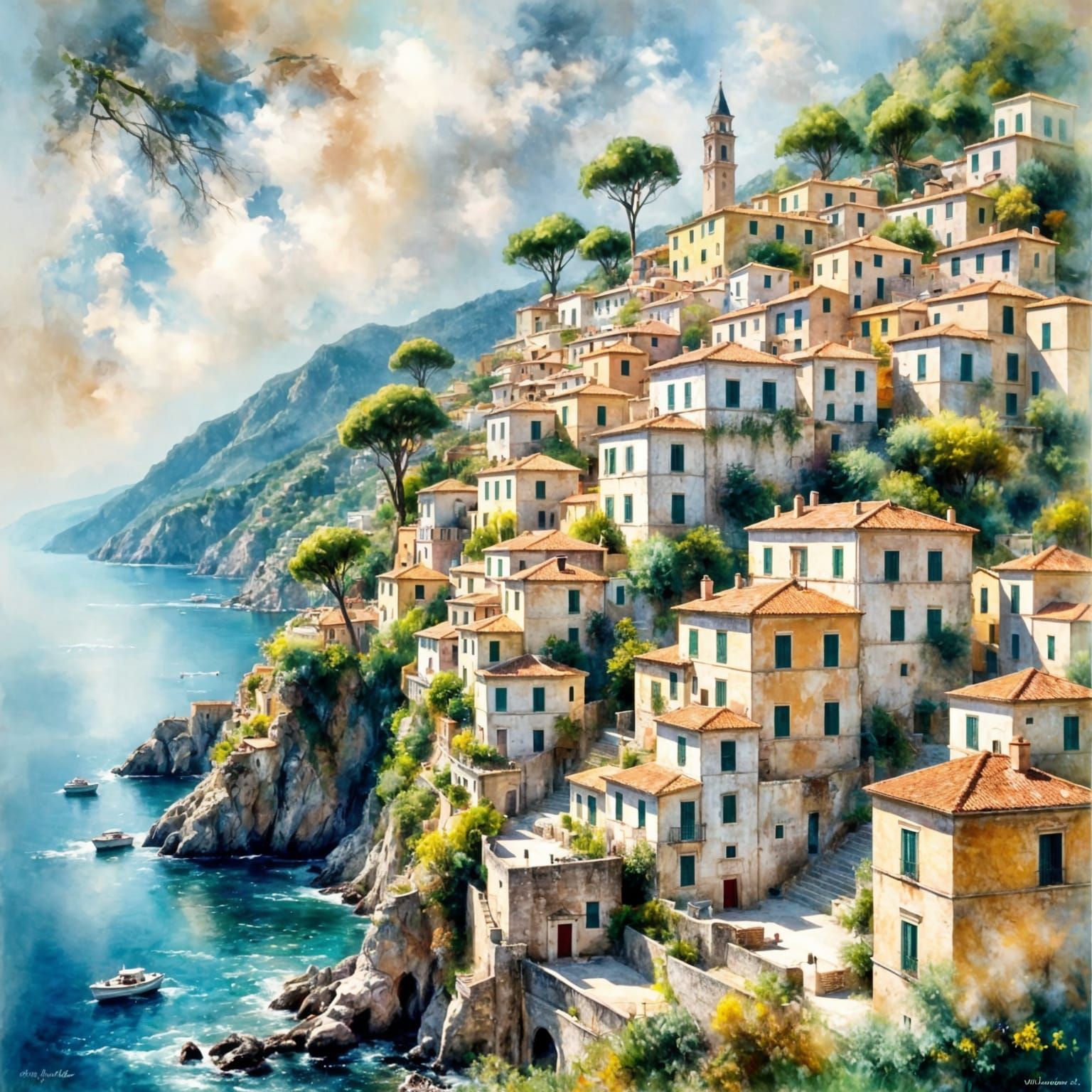 Picturesque Hillside Village on the Amalfi Coast in Dreamy W...