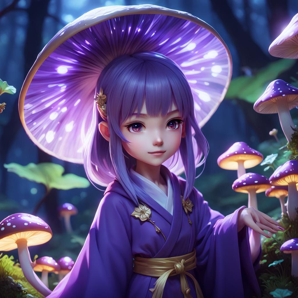 Pixie in Purple Robe Hovering Over Mushrooms: 3D Anime Art