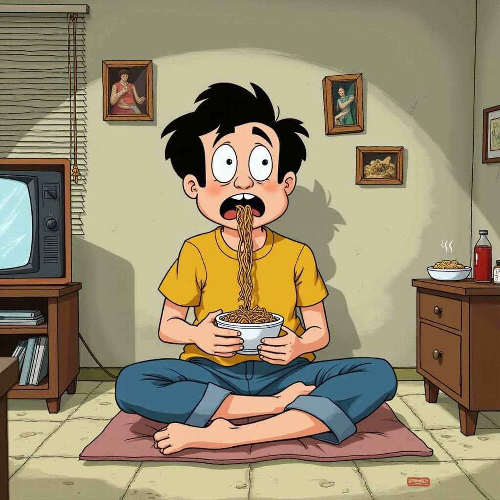 Lovable 1960s Everyman Eating Noodles in Hanna-Barbera Style