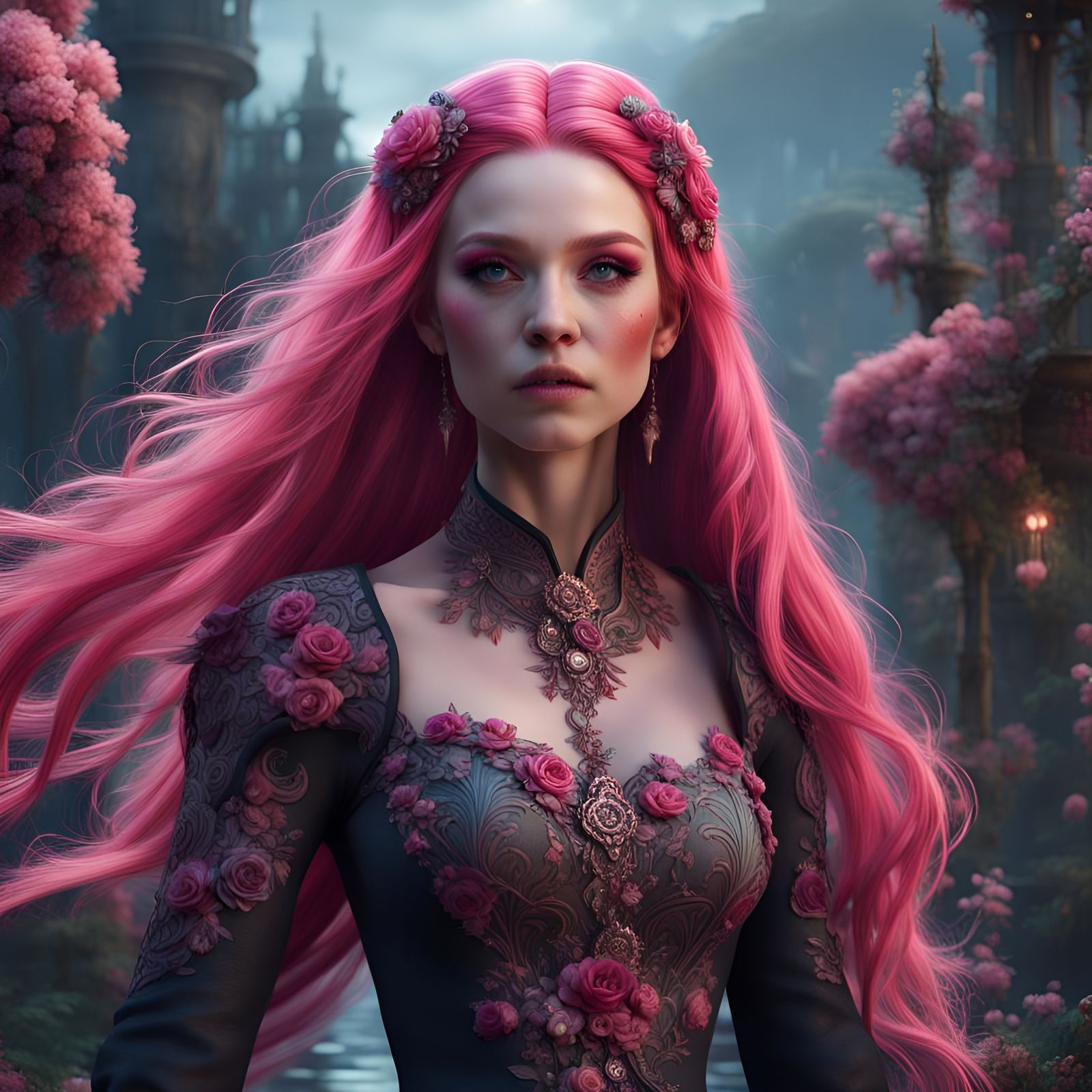 Fantasy Woman with Pink Hair and Floral Makeup