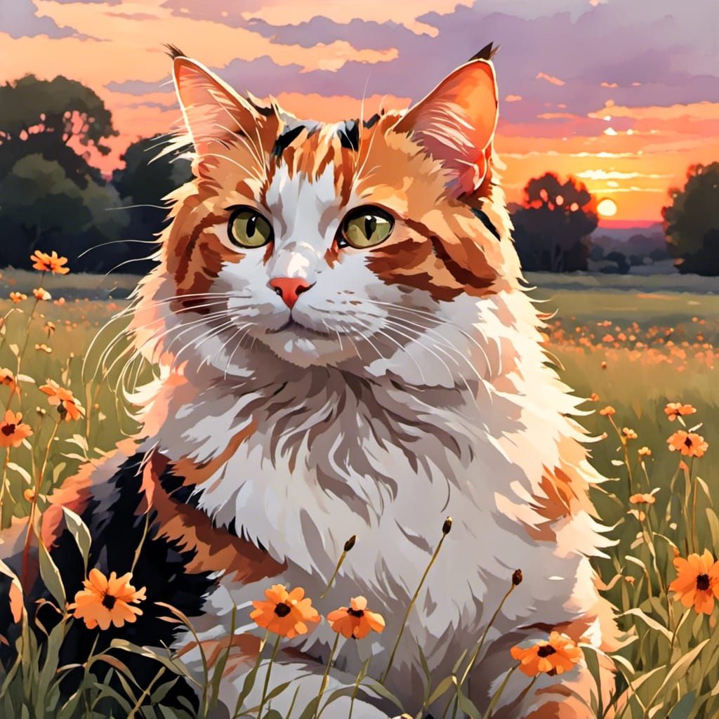 Calico Cat Enjoys Sunset in Field