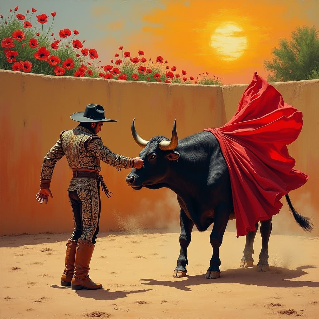Torero and Bull in Desert Arena, Post-Impressionist Painting