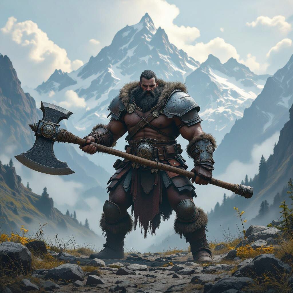 Fierce Goliath Warrior with Battle-Axe in Mountain Landscape