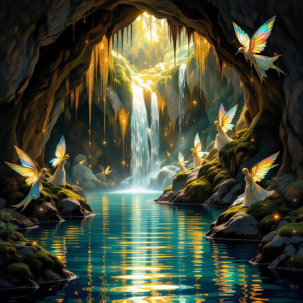 Mystical Grotto: Golden Waterfalls in Art Nouveau Style