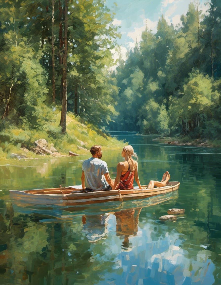 Hyperreal Nordic Lake: Man and Woman Relaxing