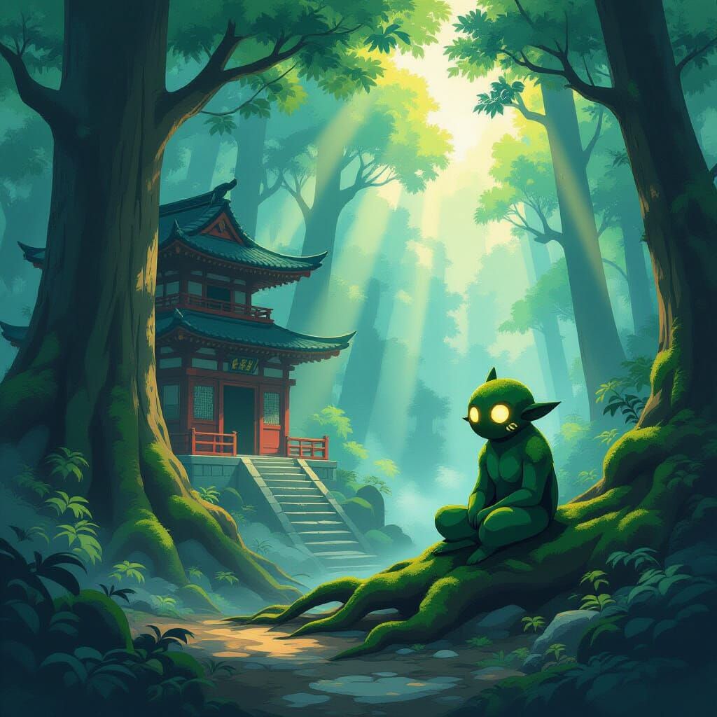 Ghibli Style Temple With Forest Spirit in Golden Hour Light