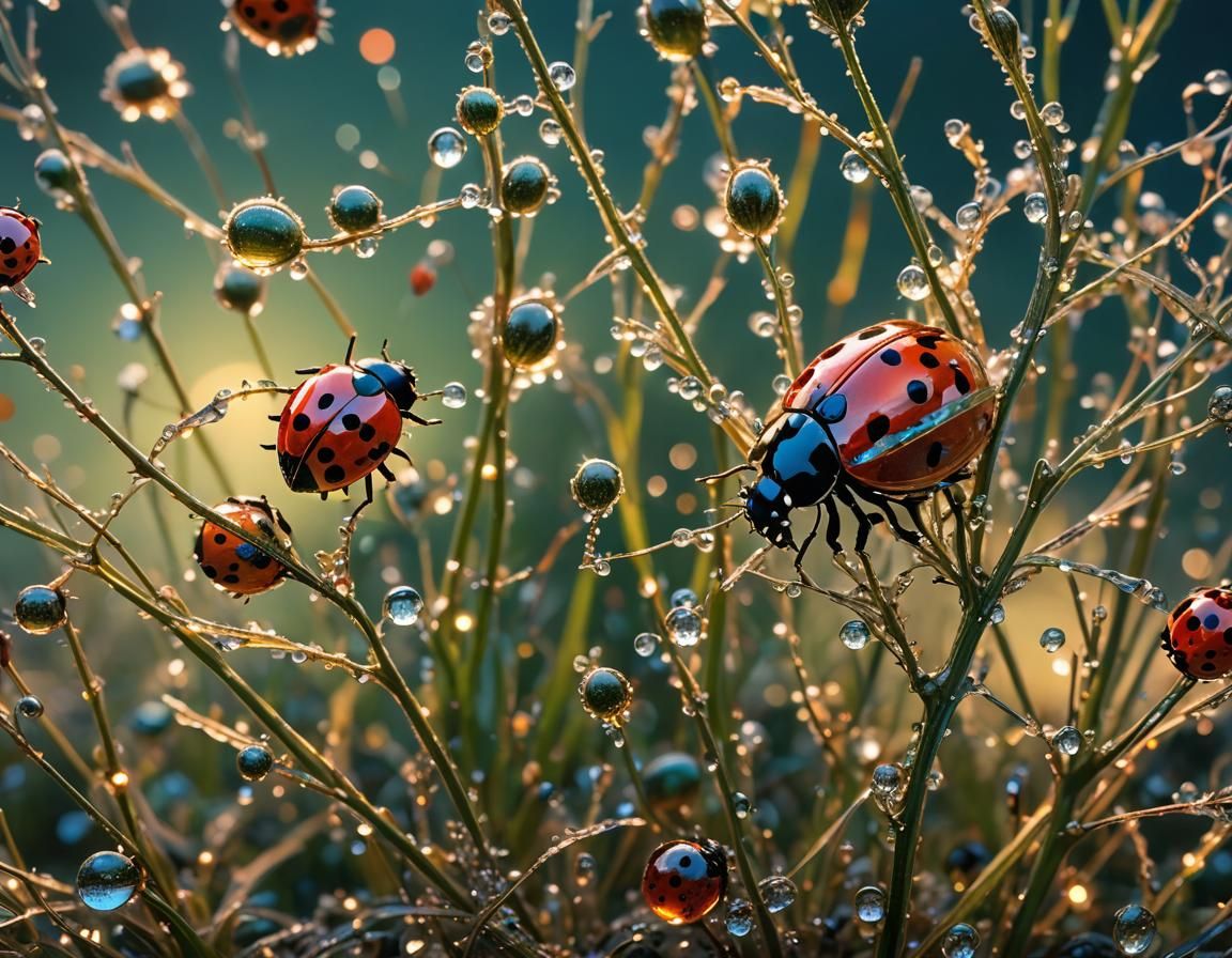 Iridescent Ladybug in Dew, Fantasy Macro Photography