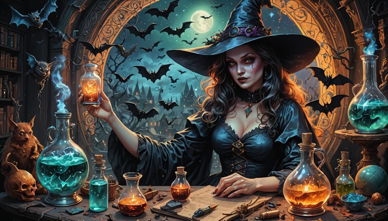 Cosmic Witch Pinup with Potions and Bats