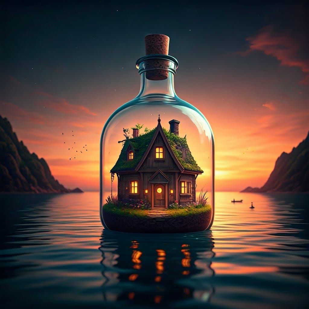 Surreal Glass Bottle Tiny House at Sunset in a Fantastical W...
