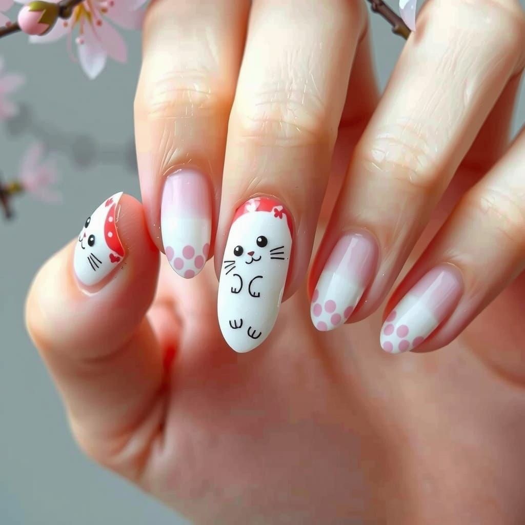 Cute Mochi Cat Nail Art in Cherry Blossom Style