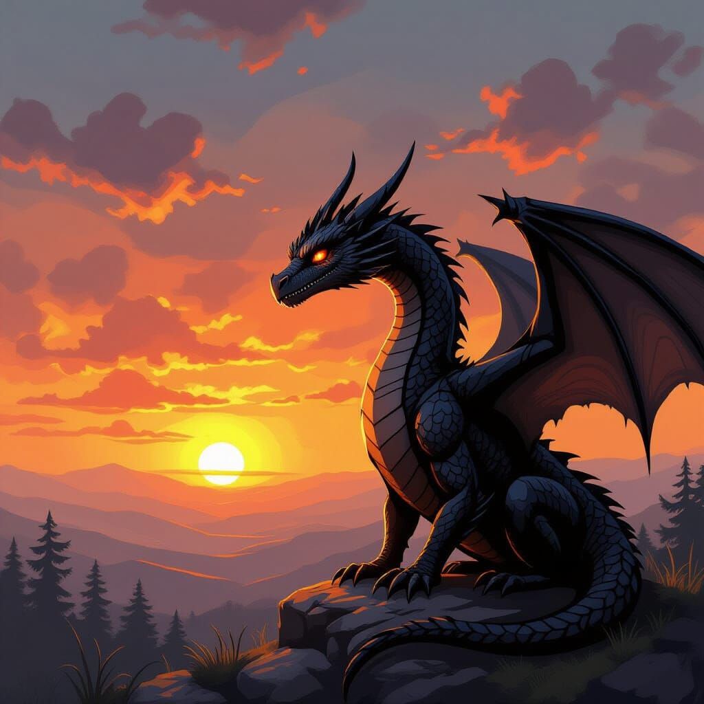 Black Dragon Watches Sunset in Impasto Style