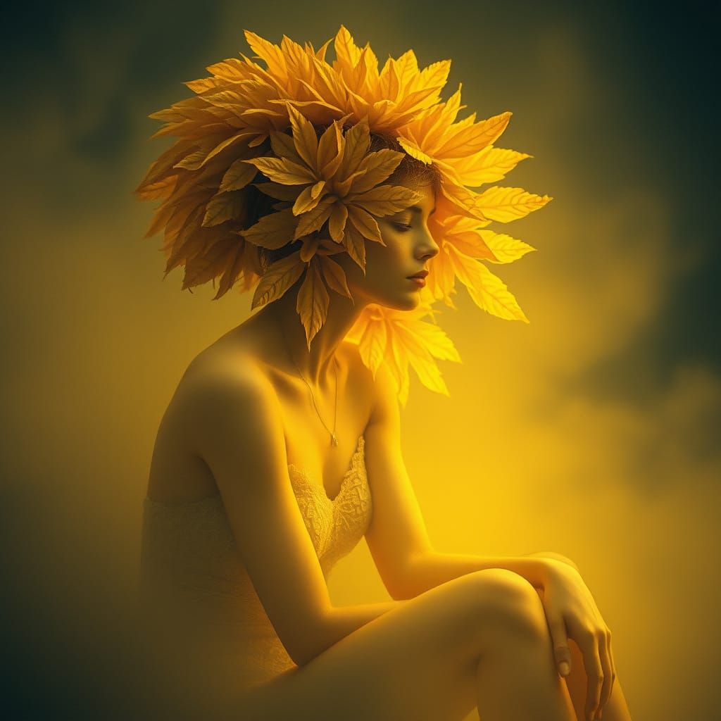 Autumn Woman with Leaf Hair in Surreal Style
