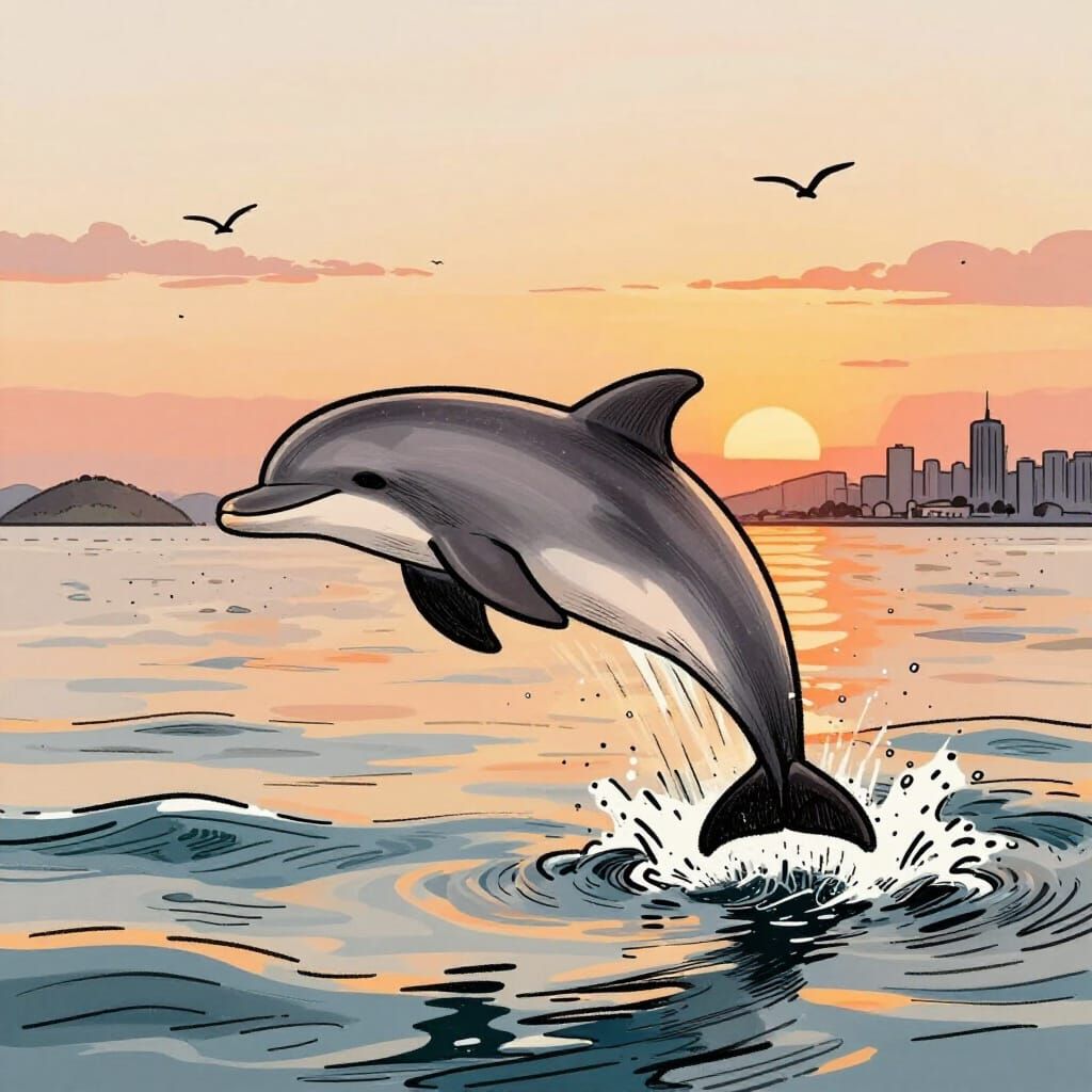 Dolphin Leaping at Sunset, Hand-Drawn Artistic Style