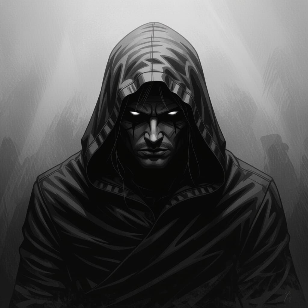 Hooded Figure Radiating Rage in Charcoal Style