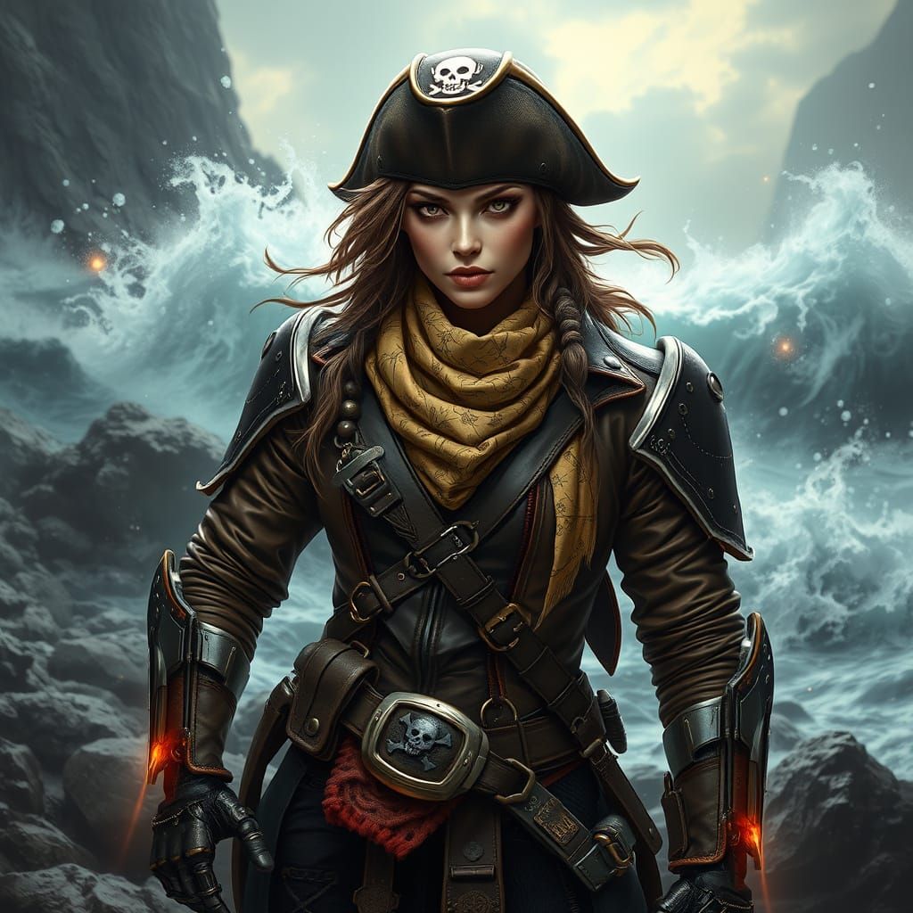 Cyborg Pirate on Stormy Beach in Digital Painting Style
