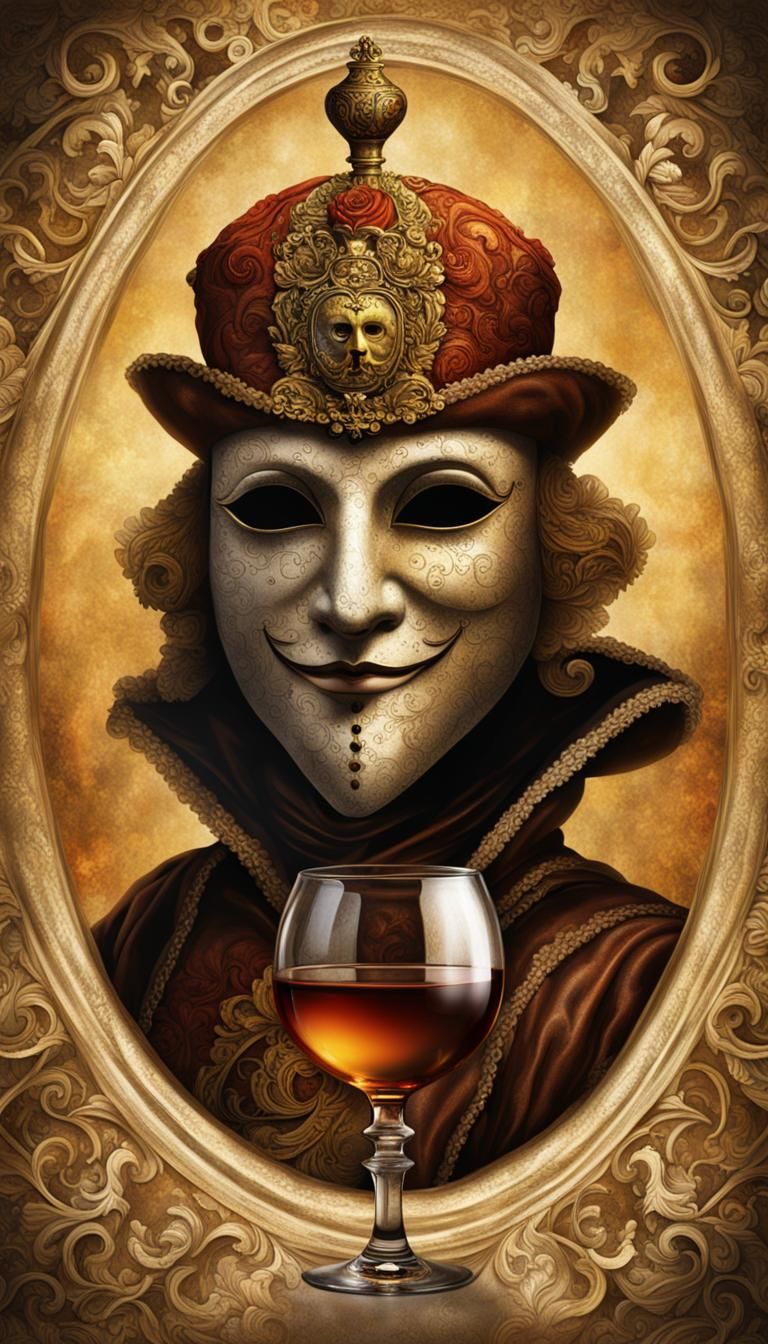 Carnival Masked Figure Holding Brandy, Rembrandt Style