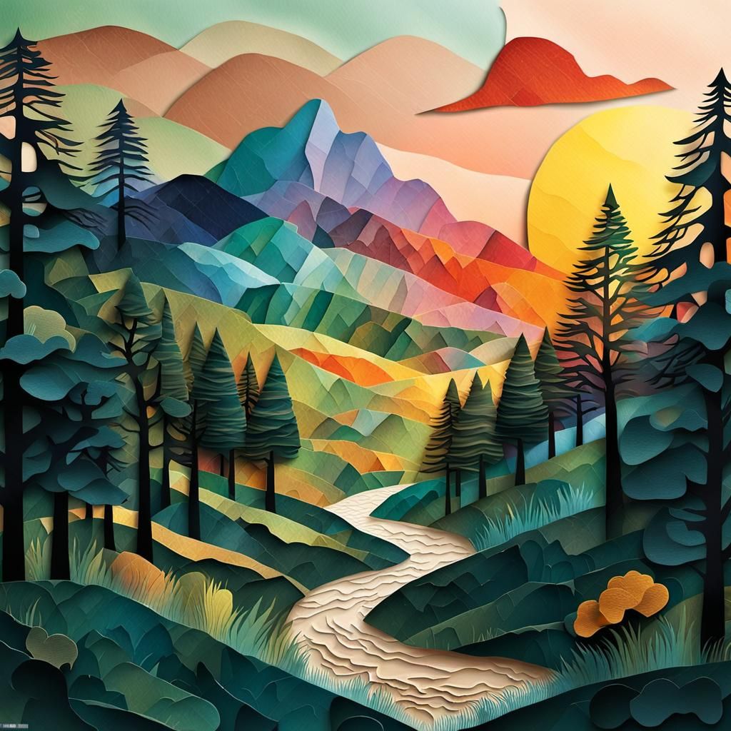 Decoupage Torn Paper Landscape in Naive Folk Art Style