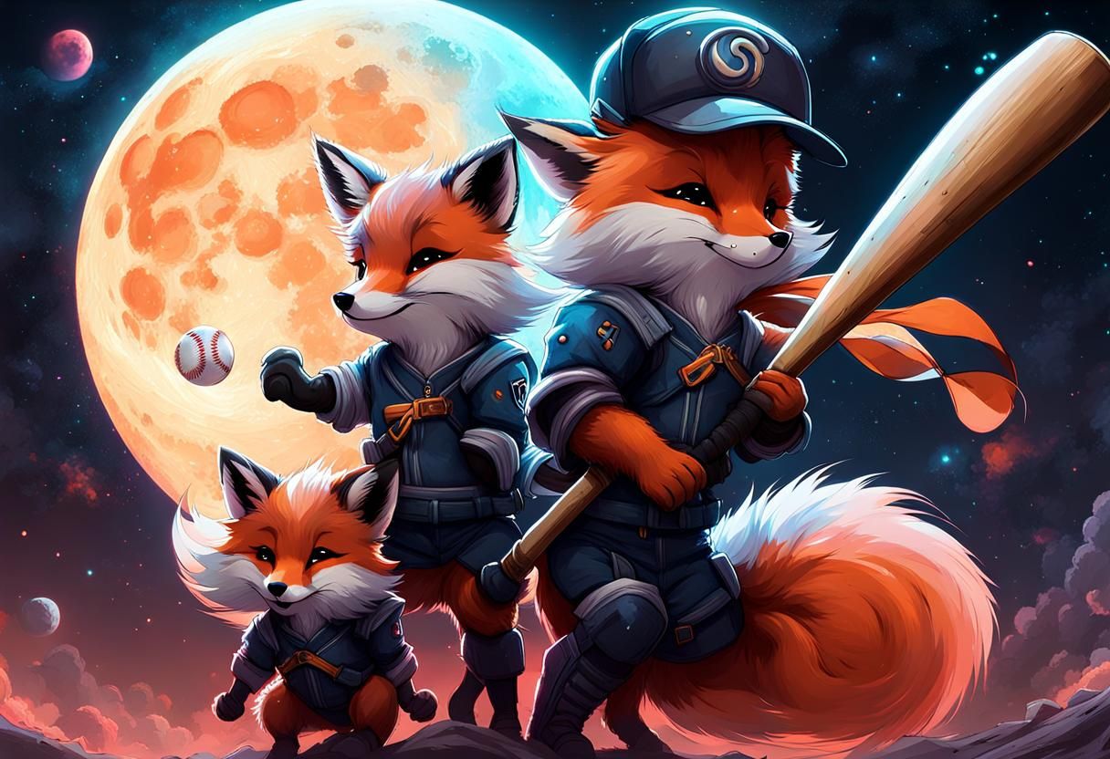 Chibi Foxes Play Baseball on Moon Constellation