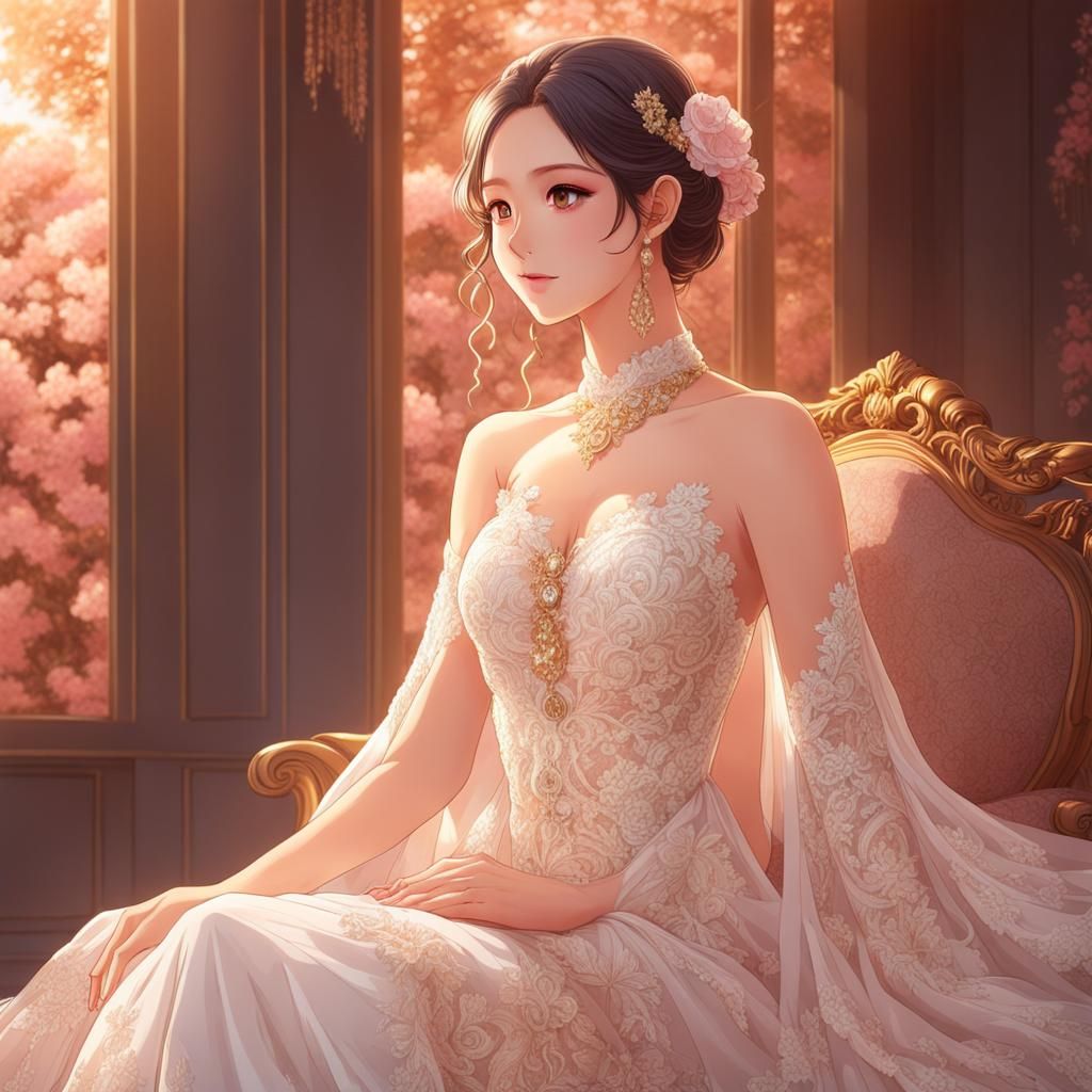 Anime Portrait: Woman in White Lace Gown