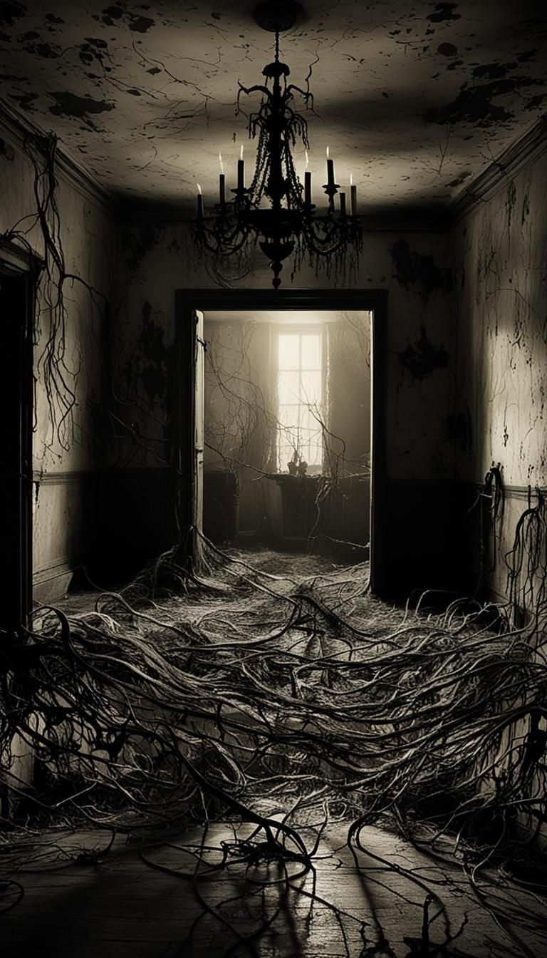 Haunted Hallway with Ghostly Apparitions, Cinematic Film Sti...