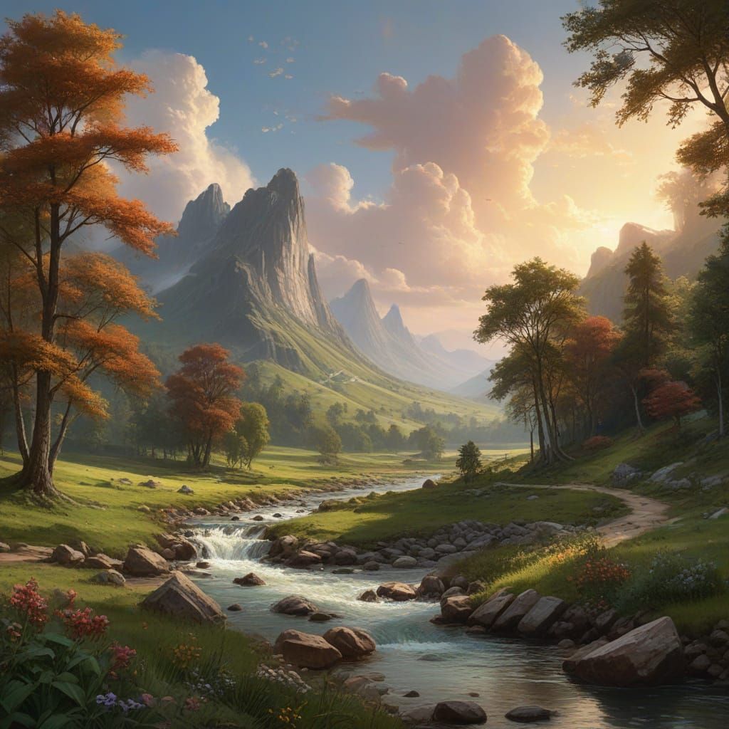 Idyllic River Valley Landscape Painting