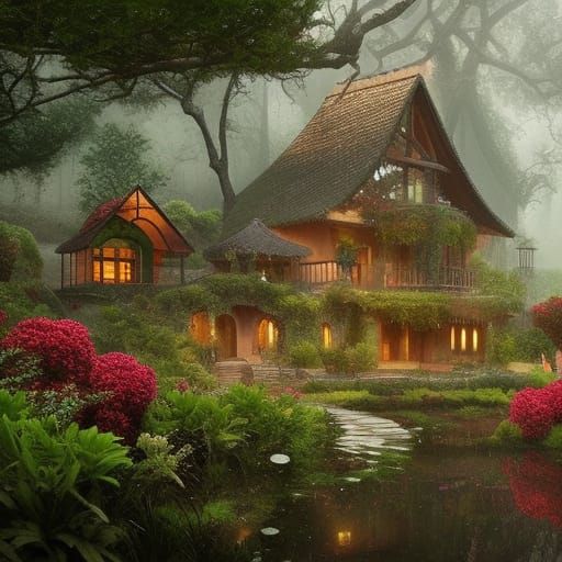 House in Forest with Wind Chimes: Digital Matte Painting