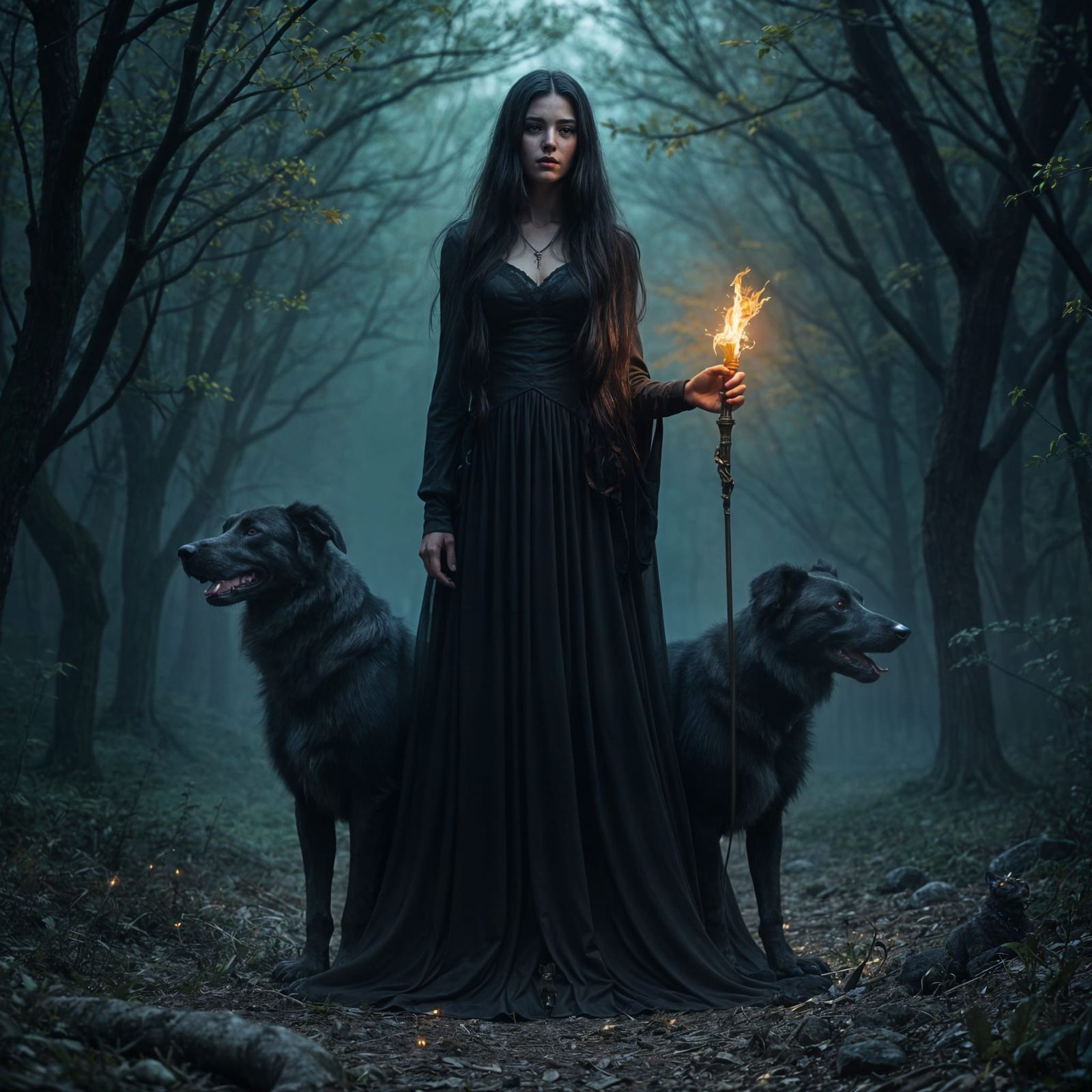 Goddess Hekate with Torch and Dogs in Forest