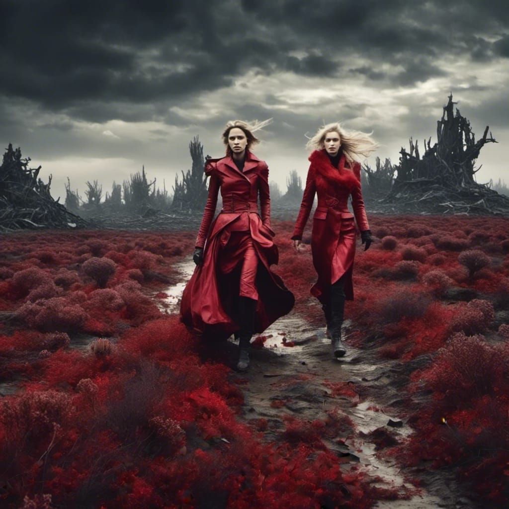 Red Leather Women Run Through Desolate Wasteland
