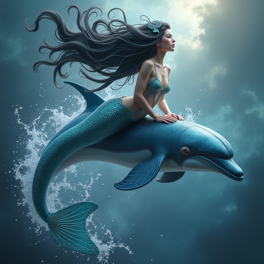 Iridescent Mermaid Riding Dolphin in Fantasy Art Style