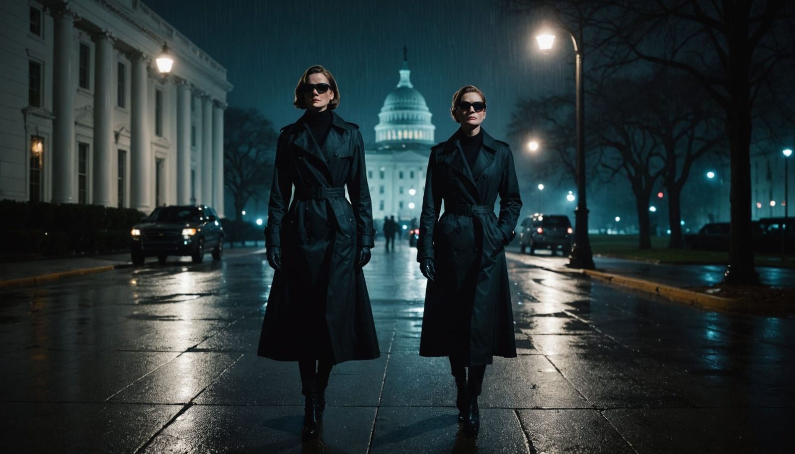 Covert Agent Outside White House in Noir Lighting