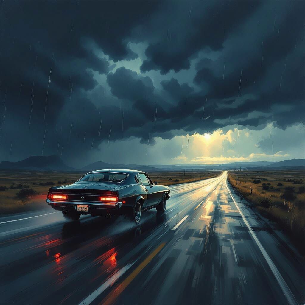 Modified Car on Desolate Highway in Dark Fantasy Style