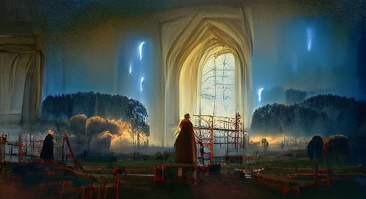 Pearly Gates Illuminated by Lightning in Romantic Style