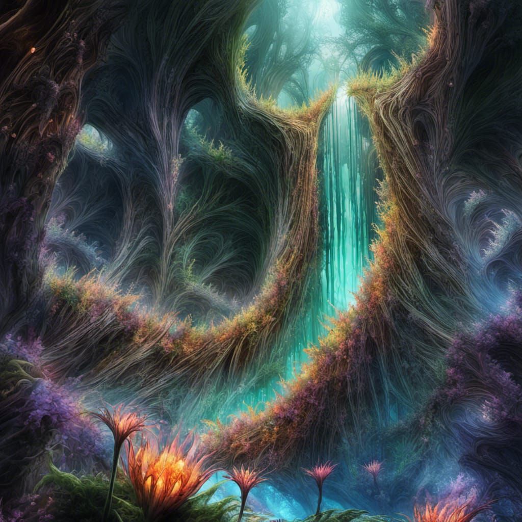 Alien Monster in Crystalline Cave with Fractal Flora