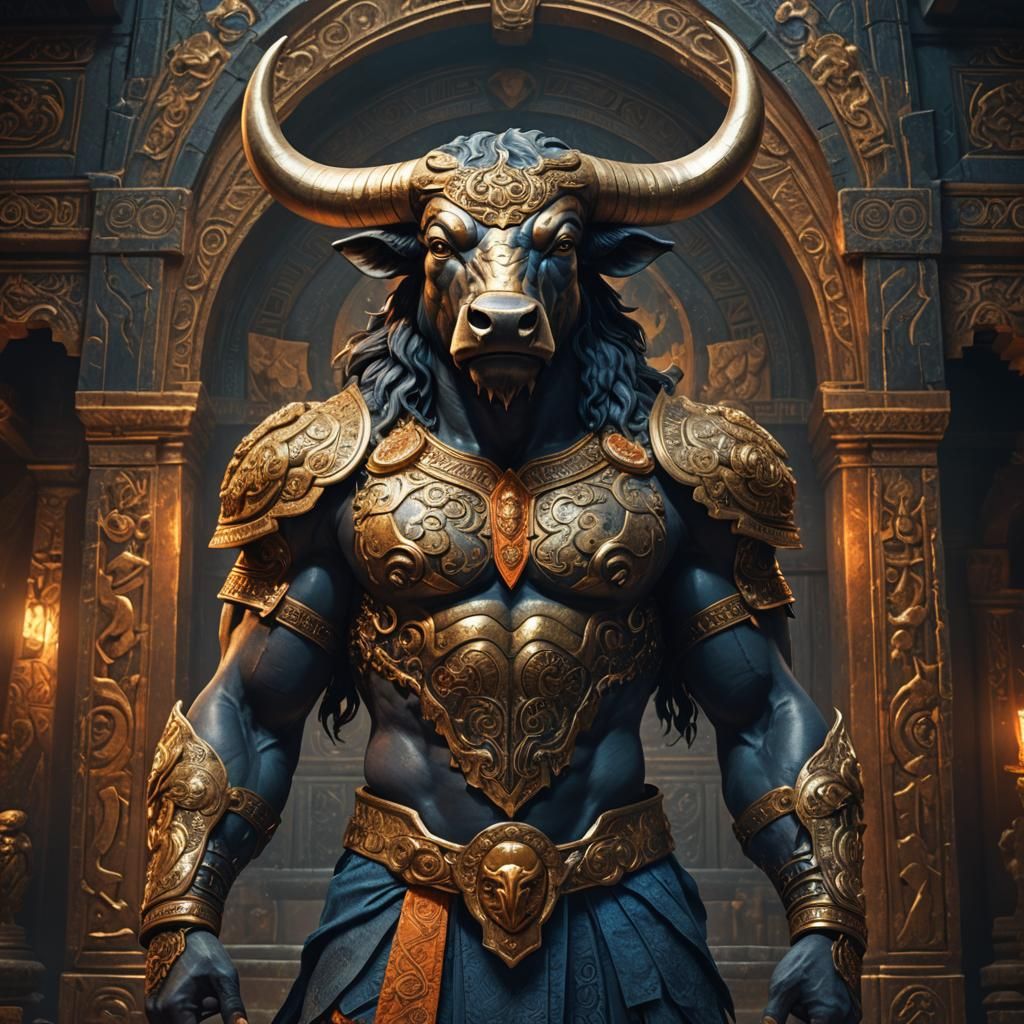 Minotaur Portrait in Mystical Temple, Fantasy Concept Art