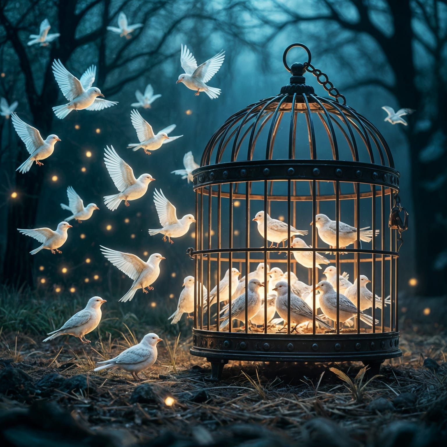 Glowing Birds Emerge From Open Cage