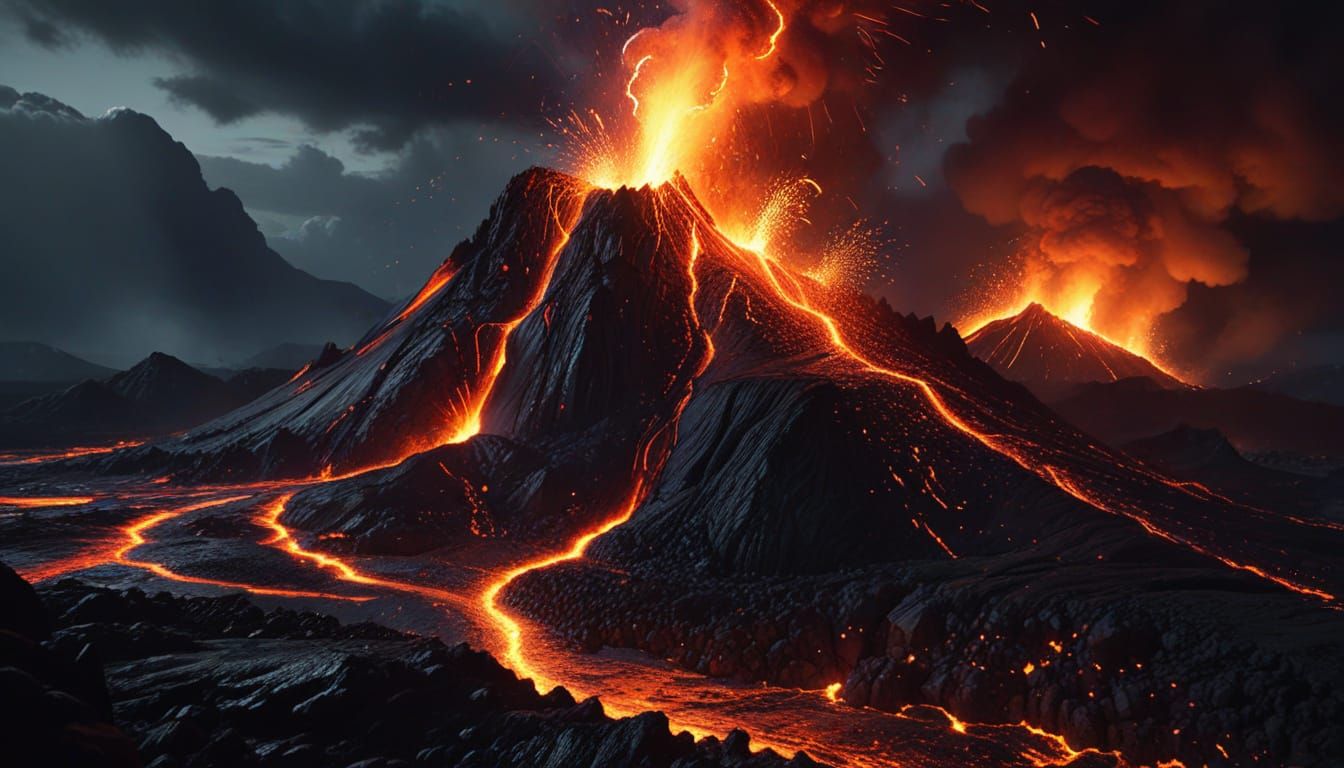 Volcanic Eruption at Night as Oil Painting