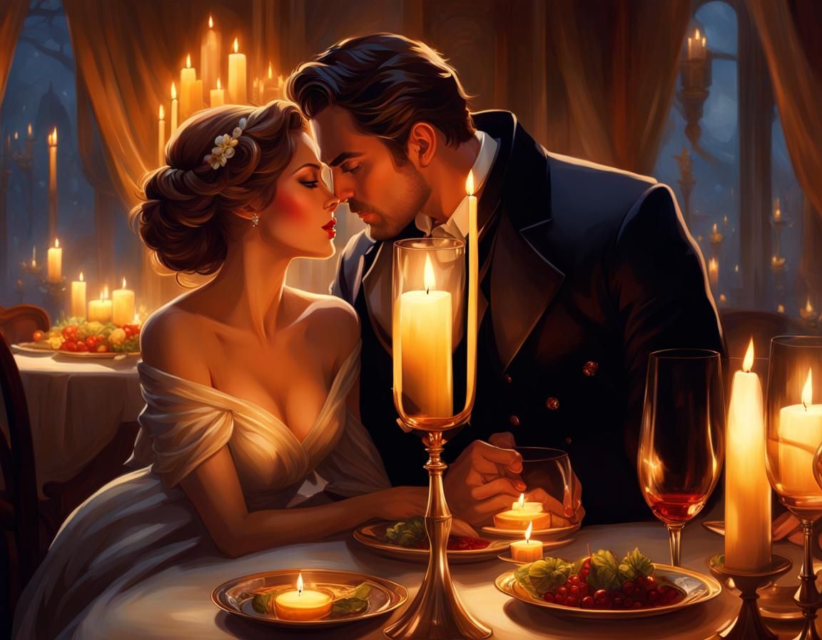 Romantic Candlelit Dinner Portrait in Hyperdetailed Style