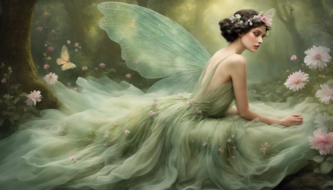 Ethereal Fairy with Iridescent Wings in Flower Glen