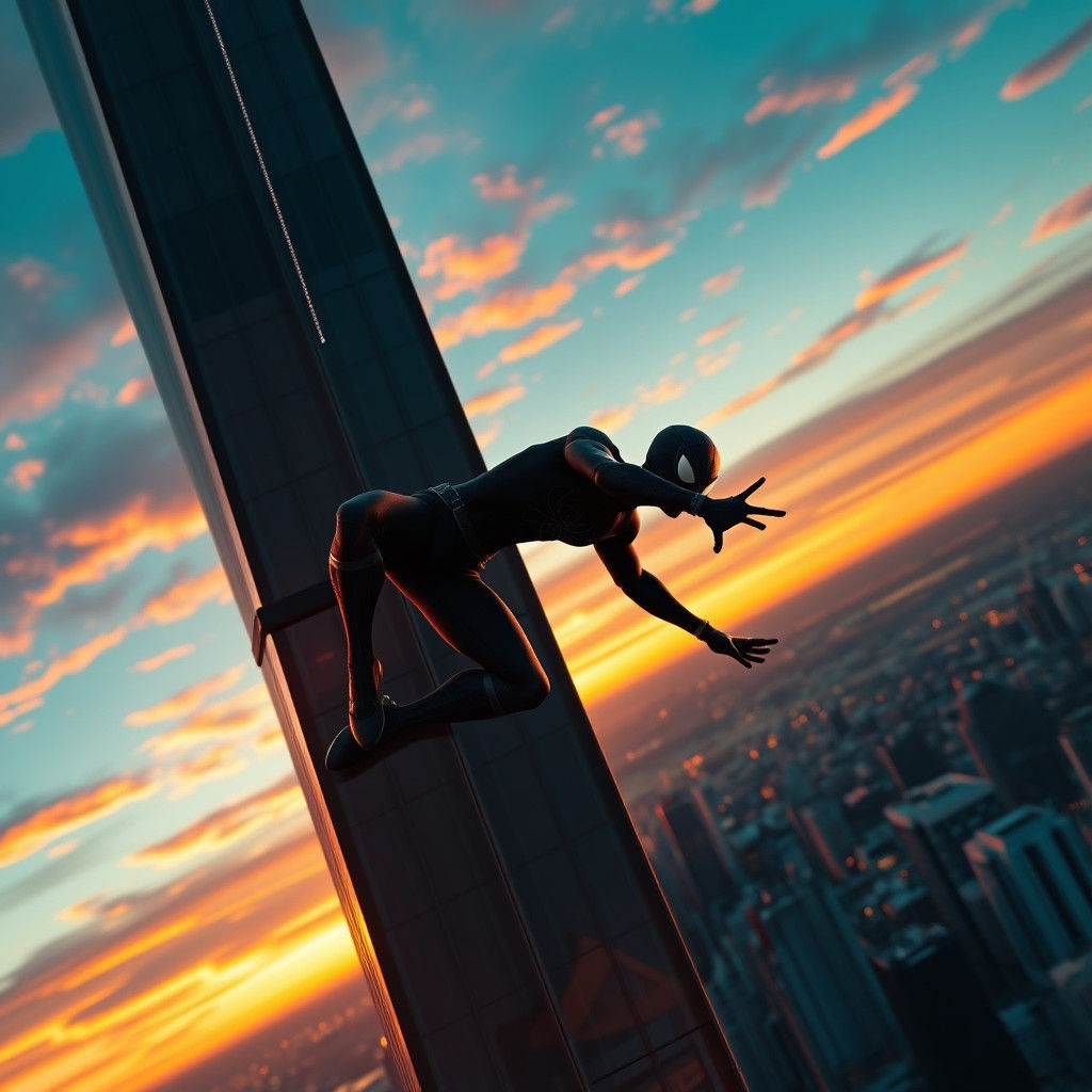 Spider-Man Silhouette on Skyscraper at Sunset