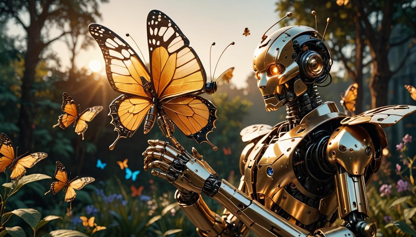 Robot and Butterfly in Sci-Fi Cinematic Style